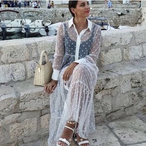 ZARA White Polka Dot Spot Long Tulle Sheer Mesh Shirt Dress S